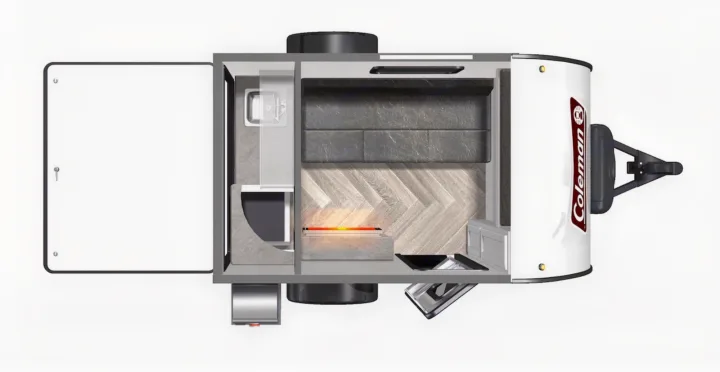 Overhead view of a Coleman rv rental travel trailer interior: bed, sink, and heating element on herringbone floor.. Dutchmen Coleman Rubicon 2023