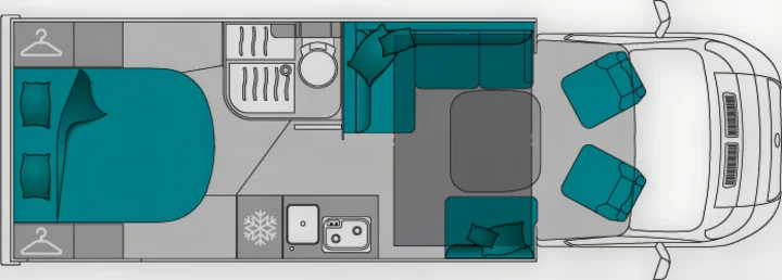 RV rental layout: Detailed floor plan of a camper van, showing a bed, kitchen, bath, and dinette area.. JOA 75Q 2024