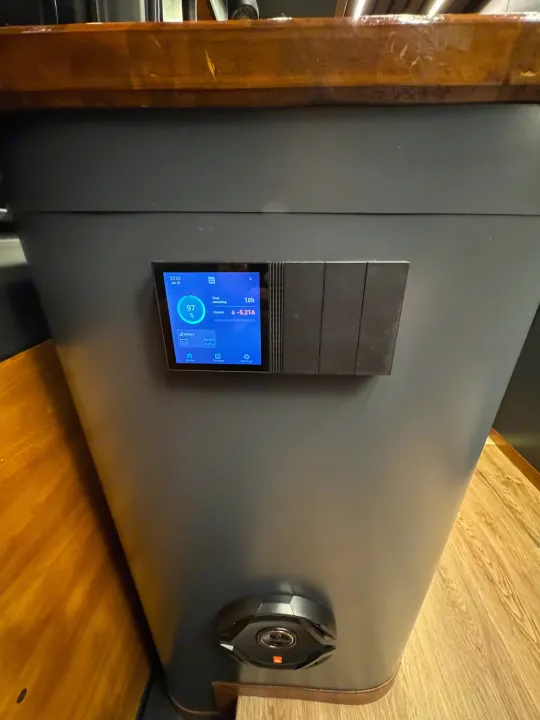 This RV rental's integrated system shows 97% battery, 18h runtime, and includes a JBL speaker for cabin audio.. Mercedes-Benz Sprinter 2020