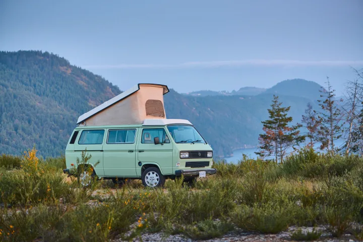Vintage light green RV rental, a pop-top camper van, rests on a hill overlooking a serene lake & forested mountains.. Volkswagen T3 Westfalia 1986