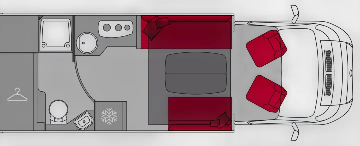 RV rental floor plan: A top-down view of a motorhome's interior, featuring kitchen, bathroom, and sleeping areas.. Pilote P696D ESSENTIEL 2024