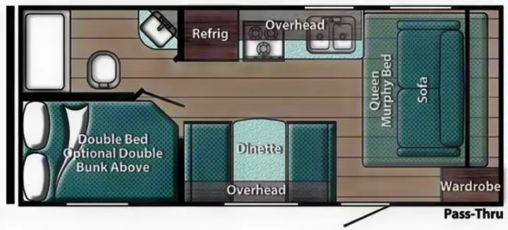RV rental floor plan: Features double bed, dinette, kitchen with fridge, bath, and living area with queen Murphy bed/sofa.. Grand River 22MB 2024