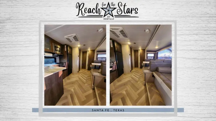 Modern rv rental interior with full kitchen and comfortable living area. See why 'Reach for the Stars' in Santa Fe, Texas!. Forest River Salem Cruise Lite 2021