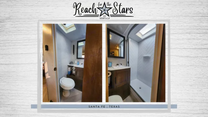 RV rental's clean bathroom with toilet, vanity & shower. Enjoy comfort in Santa Fe, Texas. Reach for the Stars!. Forest River Salem Cruise Lite 2021