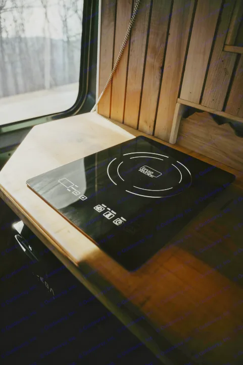 RV rental's functional kitchen: a black true Induction cooktop on a light wood counter, by a window overlooking trees.. Noke Van Co. Sweet Annie 2021