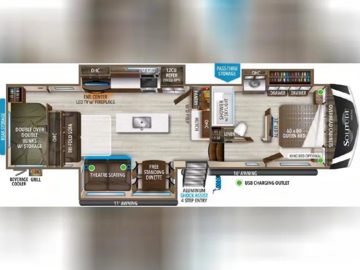 Solitude RV rental floor plan: Spacious interior with queen bed, bunk beds, kitchen, and living area. Ideal for travel.. Grand Design Solitude 2020