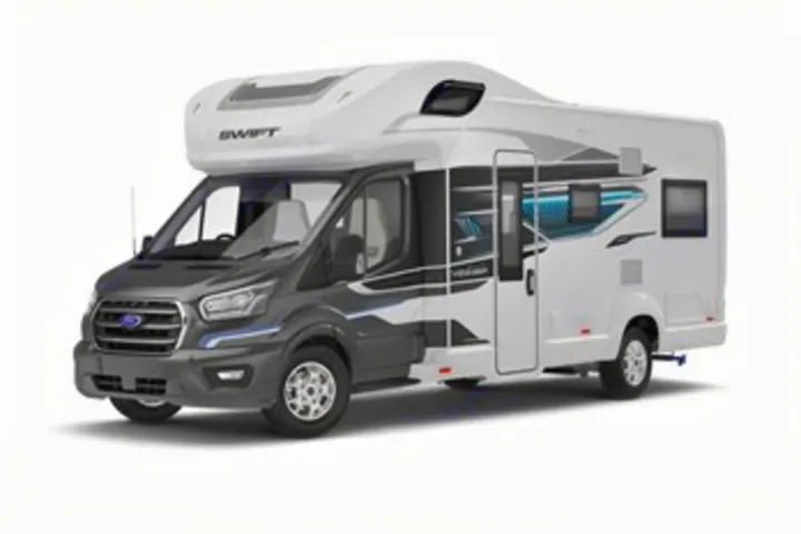 A sleek, white and grey Swift Voyager motorhome, ideal for RV rental, promises memorable travel adventures.. swift Voyager 475 2024