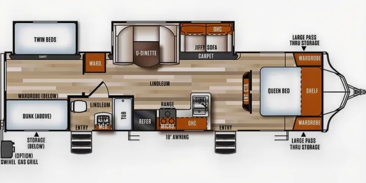 RV rental floor plan: this detailed diagram shows the interior layout including queen, twin, and bunk beds, kitchen, and seating areas.. Forest River Vibe 2017