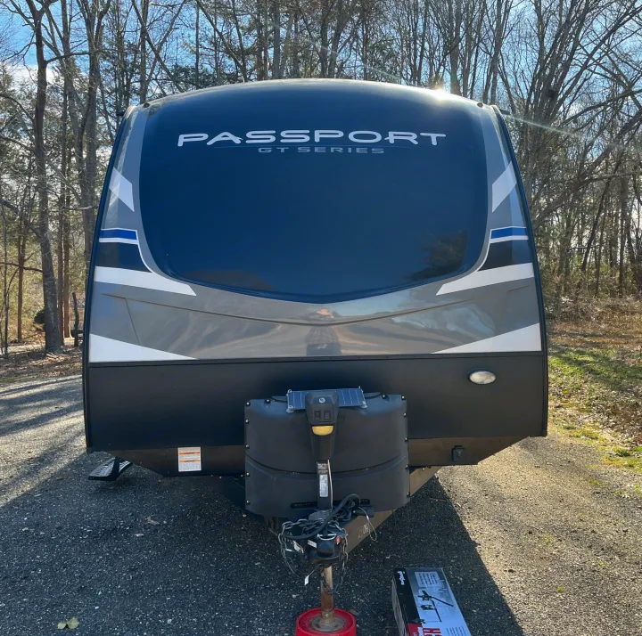 Front view of a Passport GT Series travel trailer, perfect for your next RV rental or camping trip.. Keystone RV Passport Grand Touring 2019