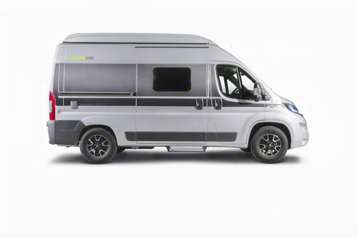 Side view of a sleek, silver campervan (RV rental) on white background, featuring modern design and dark accents.. Hymer Ayers Rock 2024