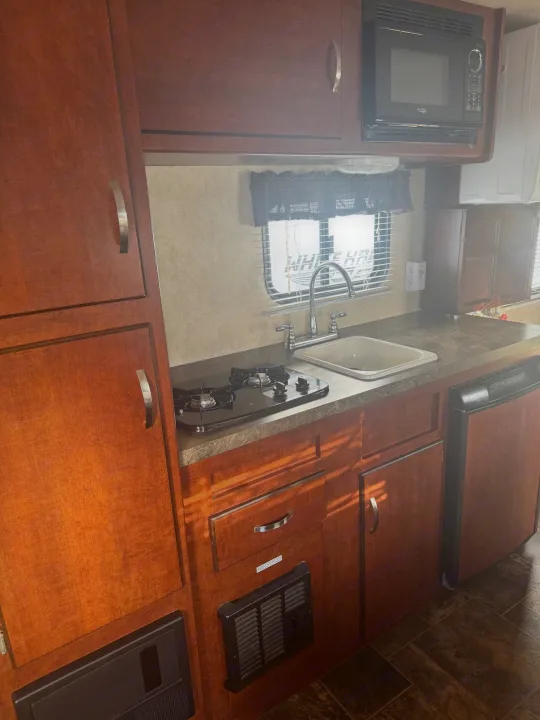 An RV rental kitchen view shows wood cabinets, sink, two-burner stove, microwave, and compact fridge.. Forest River Salem Cruise Lite 2017