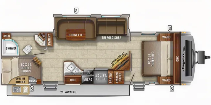 RV rental interior layout: See this travel trailer's floor plan featuring a queen bed, bunks, kitchen, dinette, & bath.. Jayco White Hawk 2021