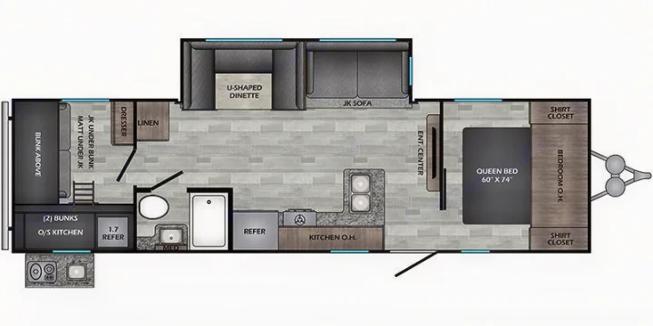 RV rental travel trailer floor plan: queen bed, bunk beds, kitchen, bathroom, and U-shaped dinette, showcasing the interior layout.. Crossroads RV Zinger 2022