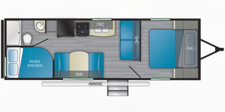 RV rental floor plan: Detailed interior layout showing master bed, living area, kitchen, bath, & double bunk beds.. Heartland RVs Pioneer 2022
