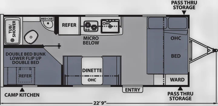 Detailed RV rental floor plan: bedroom, bunks, kitchen, bath, dinette, & storage. Ideal travel trailer layout.. Coachmen Apex Nano AAPT186BH 2024