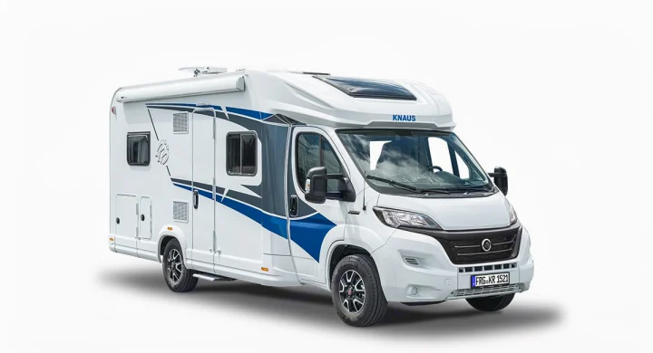 Explore with this modern white RV rental, detailed with blue and grey accents. A perfect camper van for your next journey.. Knaus live wave 2024