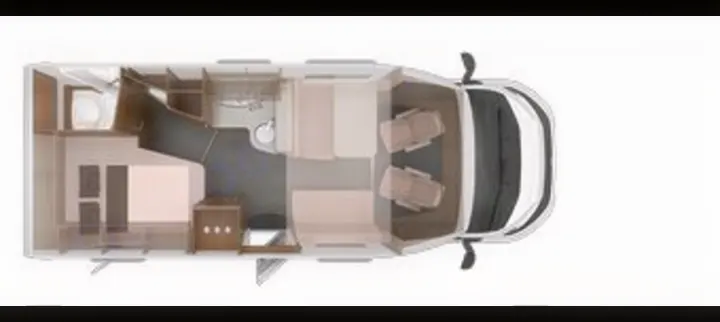 This RV rental floor plan, seen from above, illustrates a motorhome's complete interior: bed, kitchen, bath, and driver's cab.. Knaus live wave 2024