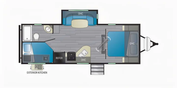 RV rental floor plan: A detailed layout showing bedroom, kitchen, dinette, bathroom, and exterior kitchen. Ideal for travelers.. Heartland RVs North Trail 2021