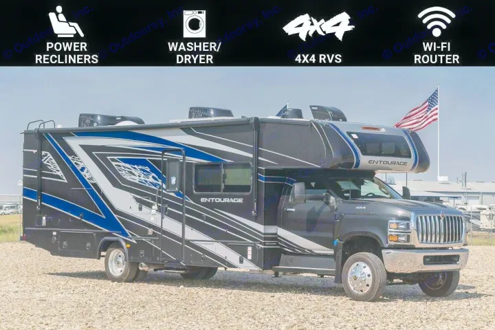 Spacious black & blue Entourage 4x4 RV rental, equipped with Wi-Fi, washer/dryer, and power recliners for comfort.. Coachmen Entourage 2025