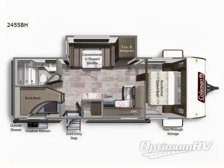 Detailed floor plan of a Coleman 2455BH RV rental, highlighting its beds, kitchen, bath, and outdoor amenities.. Dutchmen Coleman Light 2021