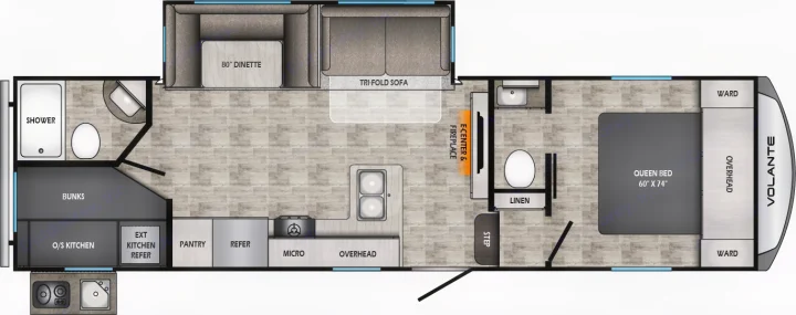 Detailed RV rental floor plan (Volante travel trailer) with queen bed, bunks, indoor/outdoor kitchen, dinette, sofa, and bath.. Crossroads Volante 2023