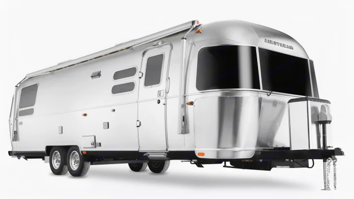 This sleek, silver Airstream travel trailer is ideal for an rv rental, featuring iconic design and large dark windows.. Airstream Globetrotter 2020