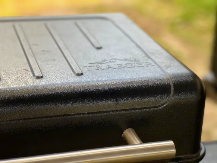Textured black TRAEGER grill lid & handle, great for an RV rental outdoor cookout.. Grand Design Transcend Xplor 2022