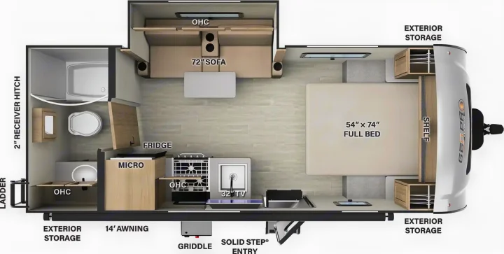 Detailed RV rental floor plan: 54x74" bed, 72" sofa, kitchen, & full bath. See interior layout & features.. Forest River Rockwood Geo Pro 2024