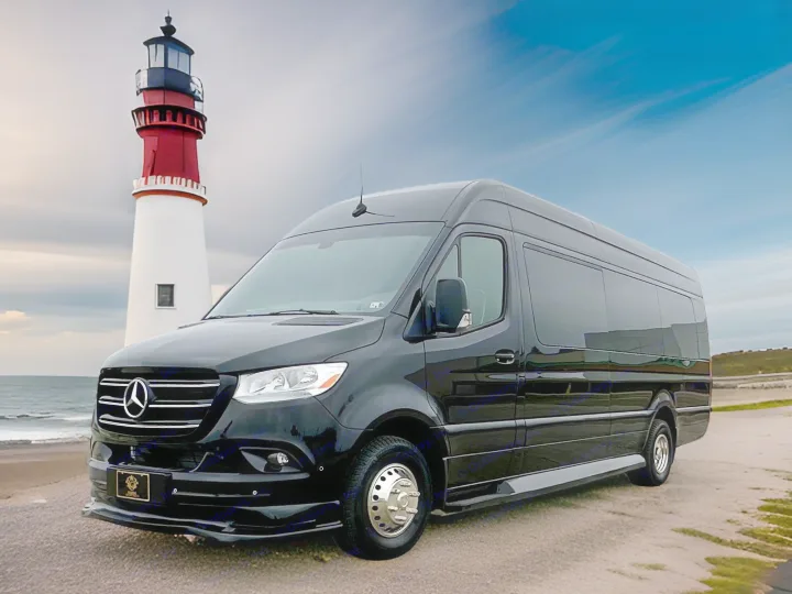Luxury black Mercedes-Benz Sprinter van, ideal for your next RV rental adventure by the coast.. Mercedes Benz Sprinter 3500XD 2024