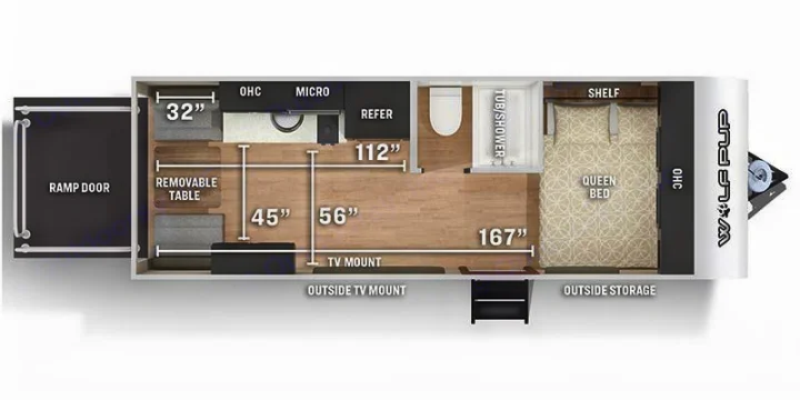 This RV rental floor plan details the interior layout of a Wolf Pup, showing a ramp door, kitchen, bath, and queen bed with dimensions.. Forest River Cherokee Wolf Pup 2021