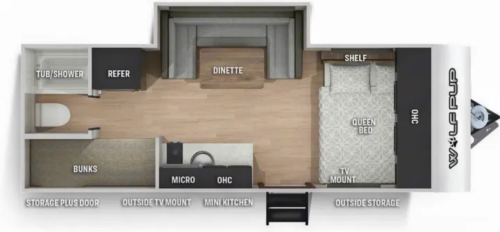 This RV rental floor plan shows a spacious layout with queen bed, bunks, dinette, kitchen, and bathroom. Perfect for travel.. Forest River Cherokee Wolf Pup Black Label 2022