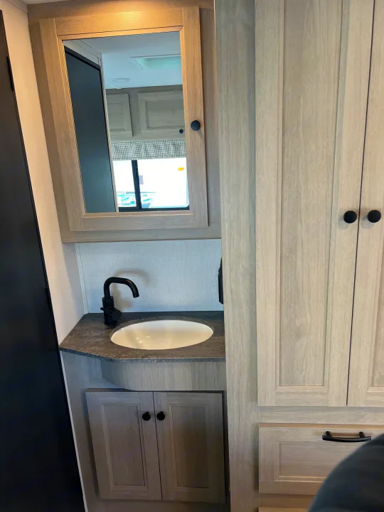 Modern RV rental bathroom: light wood vanity, black faucet, oval sink, and mirror with reflected window view.. Forest River Sunseeker 2025