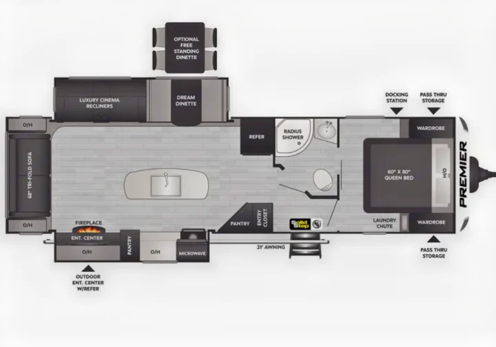 RV rental floor plan: Explore this travel trailer's interior, featuring recliners, queen bed, kitchen, bath, and outdoor awning.. Keystone RV Bullet Premier Ultra Lite 2022