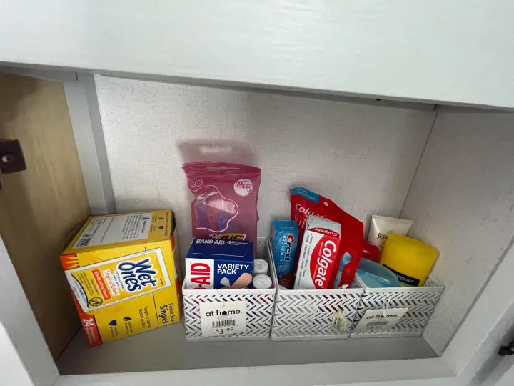 RV rental ready! Compact cabinet with organized travel toiletries: Wet Ones, Band-Aids, razors, and toothpaste.. Forest River Salem FSX PLATINUM 2021