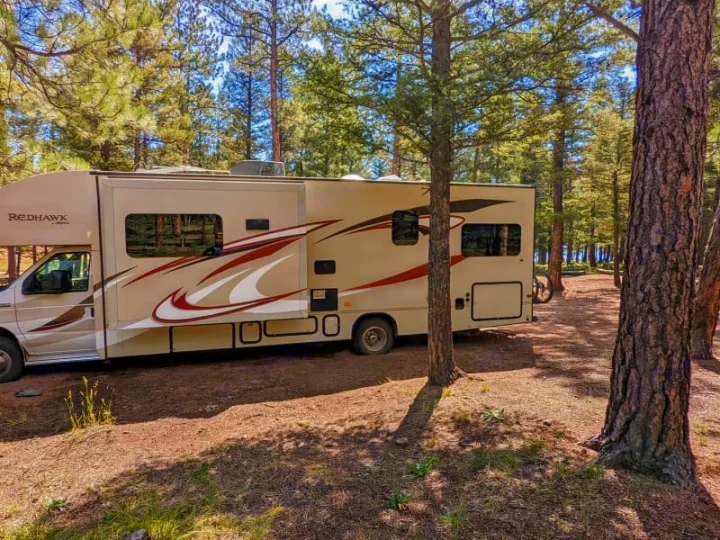 RV rental parked at a serene, tree-filled lakefront campsite. Perfect for outdoor adventure & nature lovers.. Jayco Redhawk 2015