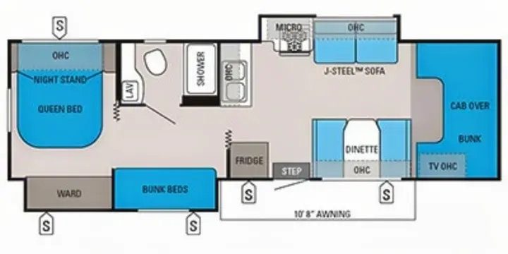 RV rental floor plan showing a queen bed, bunk beds, kitchen, dinette, and bath layout. Ideal for family trips.. Jayco Redhawk 2015