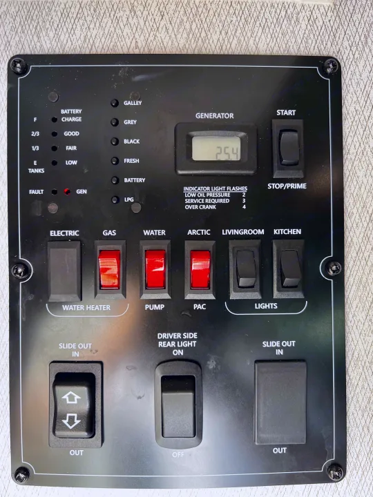 RV rental control panel with generator (25.4 hrs), tank/battery levels, water heater, lighting, & slide-out switches.. 1FDXE4FN9RDD14726 3100FB 2023