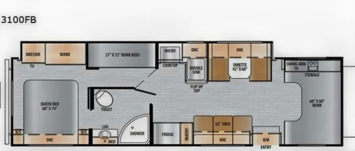 Detailed RV rental floor plan (3100FB) showcasing its interior layout with queen bed, bunk beds, kitchen, dinette, and bathroom.. 1FDXE4FN9RDD14726 3100FB 2023