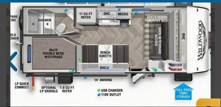 RV rental layout: This Wildwood travel trailer features a queen Murphy bed, double bunks, full kitchen, and bath.. Forest River Wildwood FSX Plantium 2022