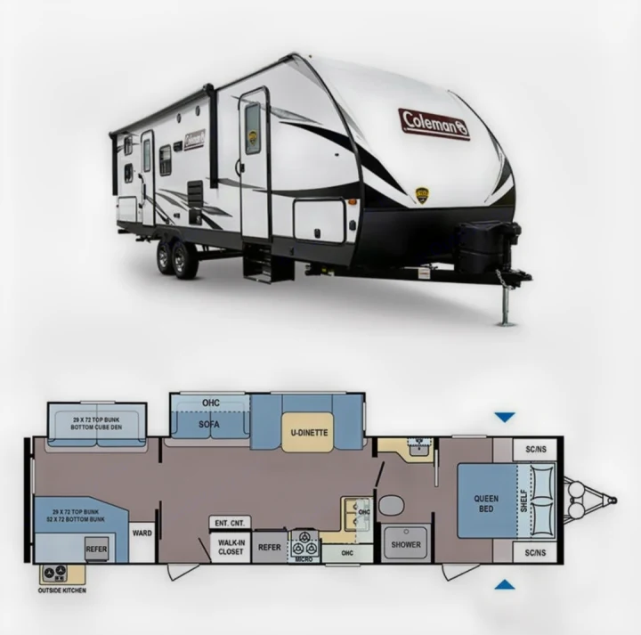 RV rental: Coleman travel trailer with interior floor plan. Shows queen bed, bunks, dinette, and full living areas.. Dutchmen Coleman Light 2020