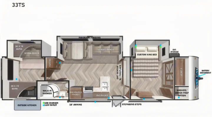 Detailed RV rental floor plan (33TS) showcasing bunks, king bed, kitchen, lounge, and bath. Ideal for family adventures.. Forest River Wildwood 2023