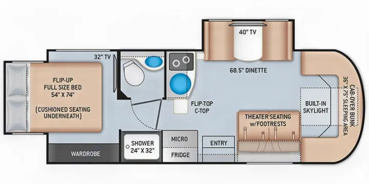 RV rental floor plan with full-size bed, kitchen, bath, dinette, theater seating, and cab-over bunk for diverse sleeping arrangements.. Thor Motor Coach Delano 2022