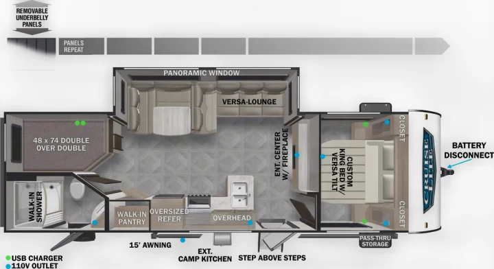 Detailed RV rental floor plan showcases interior features: king bed, double bunk, kitchen, bath, lounge, plus outdoor amenities.. Forest River Salem Cruise Lite 2017