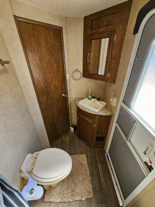 RV rental bathroom setup: includes toilet with bidet, sink vanity, mirror cabinet, and privacy door.. Forest River Salem Cruise Lite 2017