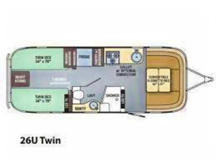 Explore this 26U Twin travel trailer RV rental floor plan: rear twin beds, mid-kitchen/bath, and front convertible dinette.. Airstream Flying Cloud 2016