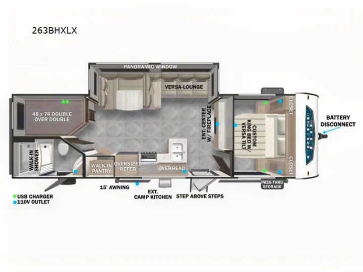 RV rental floor plan: 263BHXLX, detailing spacious living areas, bunks, king bed, kitchen, bath, and storage.. Forest River Salem Cruise Lite Platinum 2024
