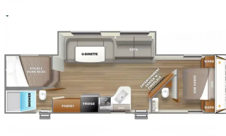 Detailed RV rental floor plan: queen and bunk beds, U-dinette, sofa, kitchen, split bath, and entertainment center.. Forest River PRIME TIME AVENGER 2021