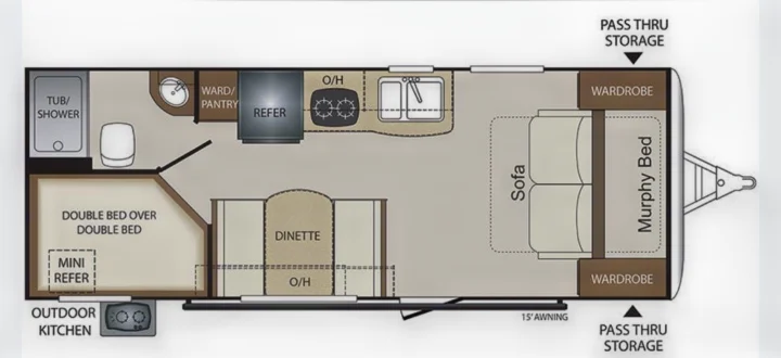 RV rental floor plan showing a travel trailer interior with kitchen, bath, dinette, bunk beds, and a Murphy bed.. Keystone RV Bullet Crossfire 2021