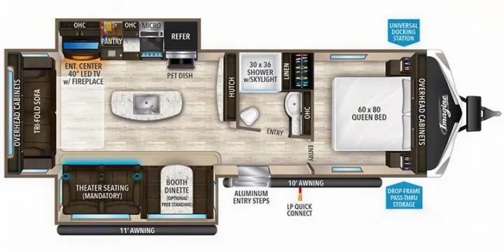 Imagine RV rental floor plan: Detailed camper layout with 60x80 queen bed, kitchen island, theater seating, and storage.. Grand Design Imagine 2021