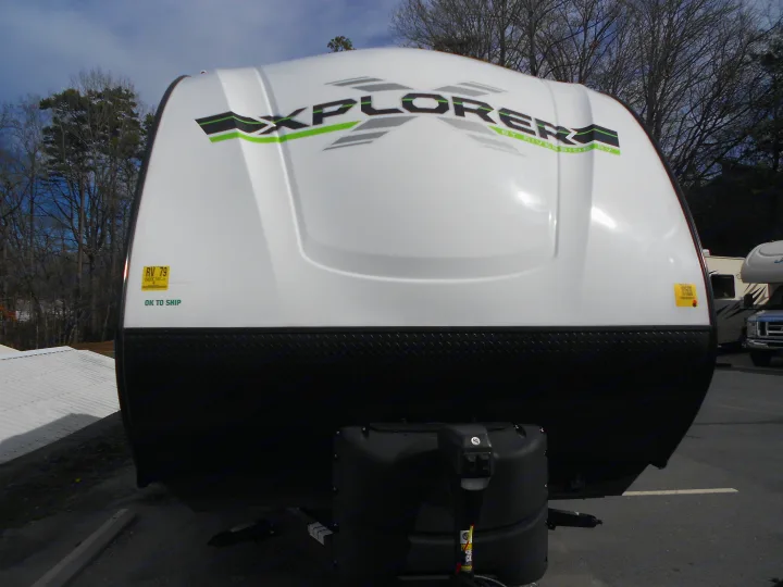 Front view of an Explorer travel trailer for RV rental, featuring a white body and black diamond plate trim.. Xplorer Xplorer 240BHX 2023